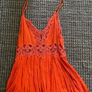 Free People Red Crocheted & Frayed Hem Mini Dress